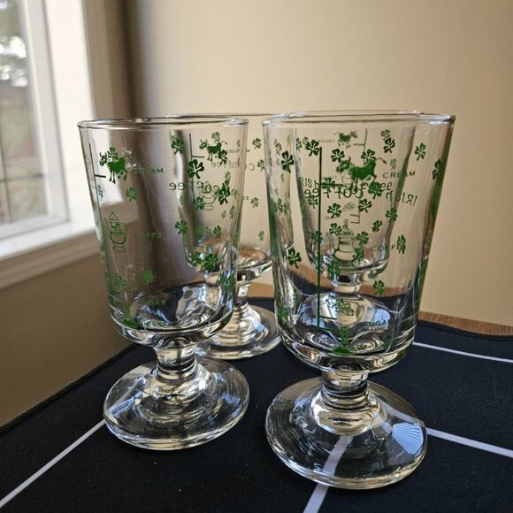 Set of 4 Vintage Libbey Irish Coffee Stemmed Glasses with Green Picture Recipe - Picture 6 of 6